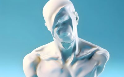 a white sculpture of a man sitting on a blue surface