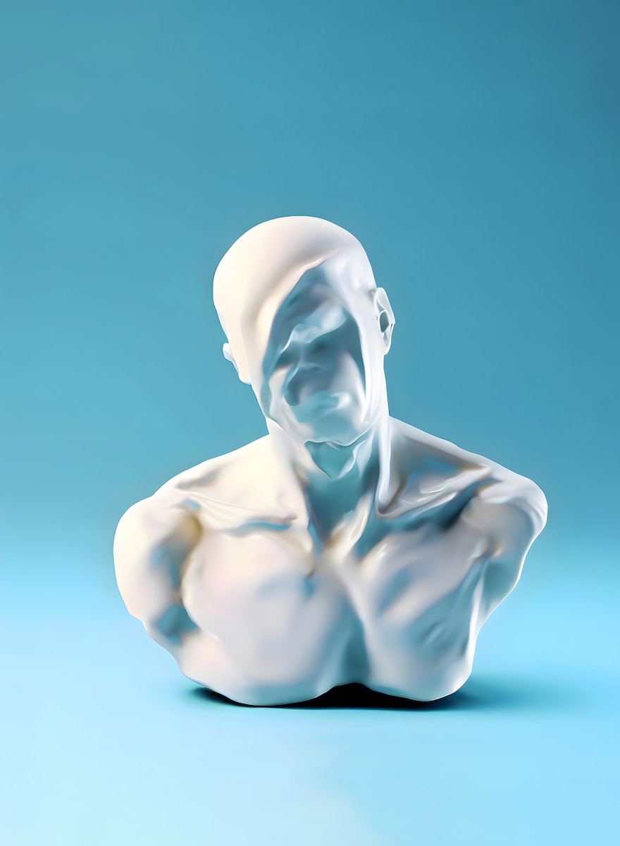 a white sculpture of a man sitting on a blue surface